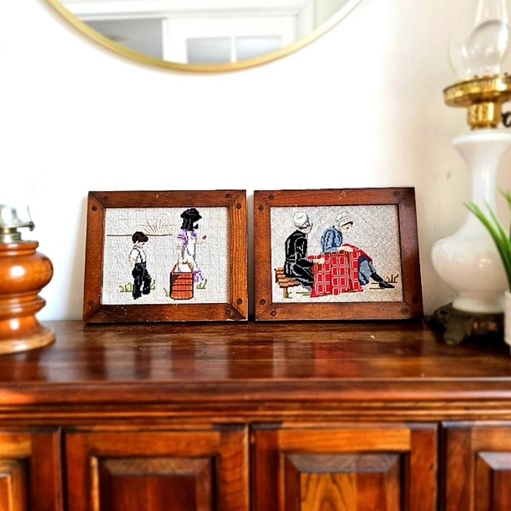 Vintage Needlework c1950 Amish Midcentury Embroidery Wood Frames Country Decor